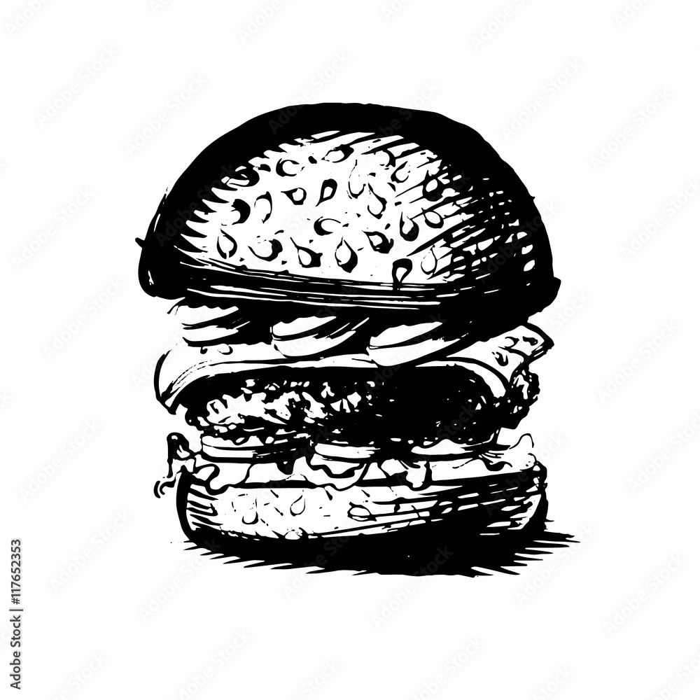 burger, hamburger. drawing black and white silhouette, graphic, Stock Vector | Adobe Stock