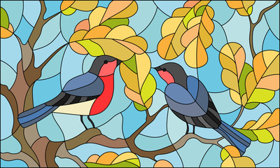 Illustration in stained glass style on the theme of autumn, two bullfinches in the sky and oak leaves