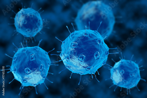 Bacteria 3D render. Spherical virus blue style. View under a microscope for bacteria
