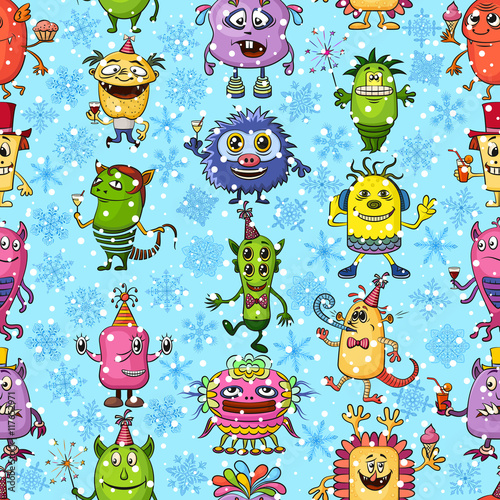 Seamless Christmas Background for Your Holiday Party Design  Different Cartoon Monsters and Blue and White Snowflakes  Colorful Tile Pattern with Cute Funny Characters  Feasting and Dancing. Vector