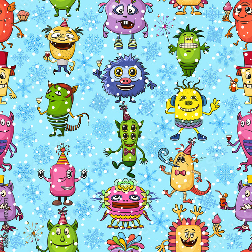 Seamless Christmas Background for Your Holiday Party Design, Different Cartoon Monsters and Blue and White Snowflakes, Colorful Tile Pattern with Cute Funny Characters, Feasting and Dancing. Vector