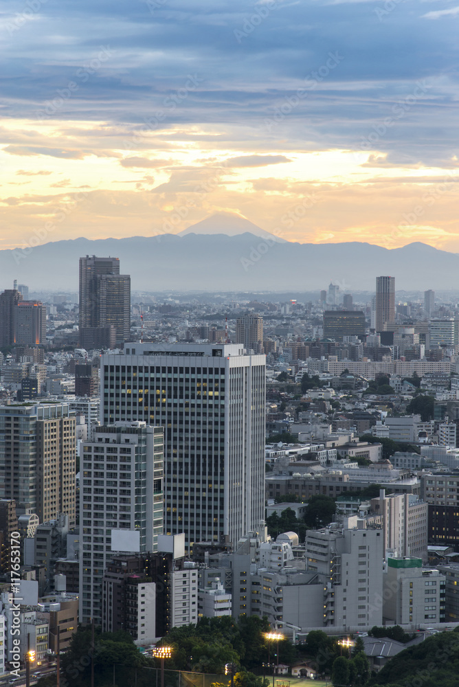 sunset Cityscape of Tokyo City and fuji mountain view from skyli