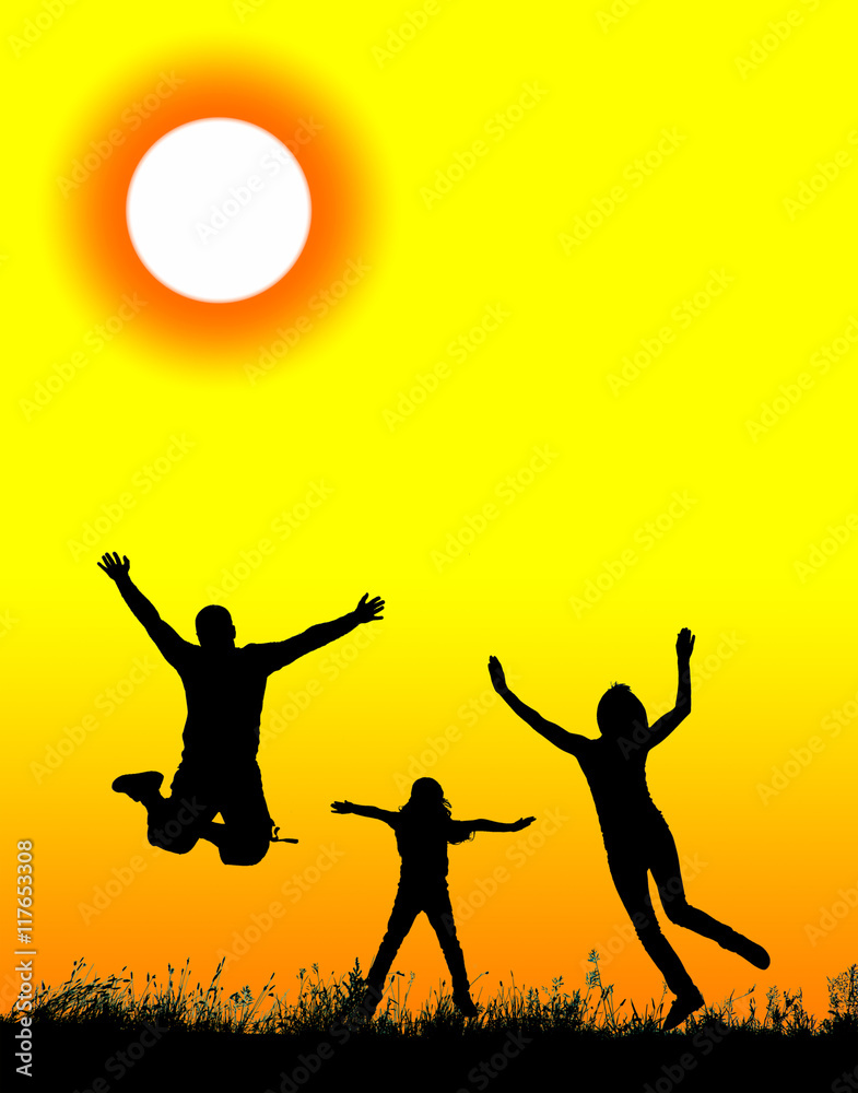 Silhouette of a happy active family jumping Silhouette of a happy active family jumping