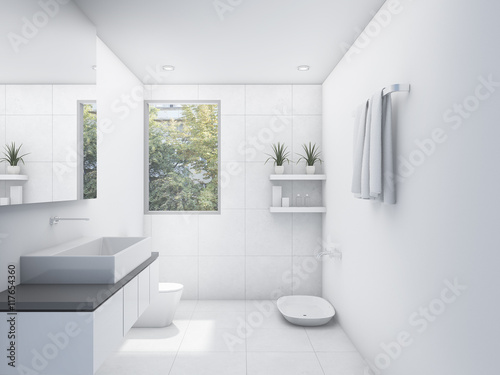 3D rendering white clean restroom with nature view
