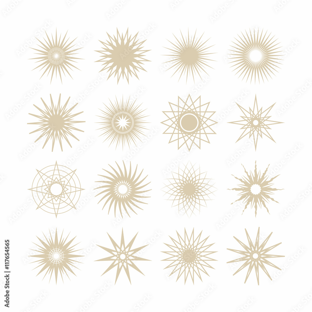 Line and silhouette geometrical poly gram beige stars icons set on white background