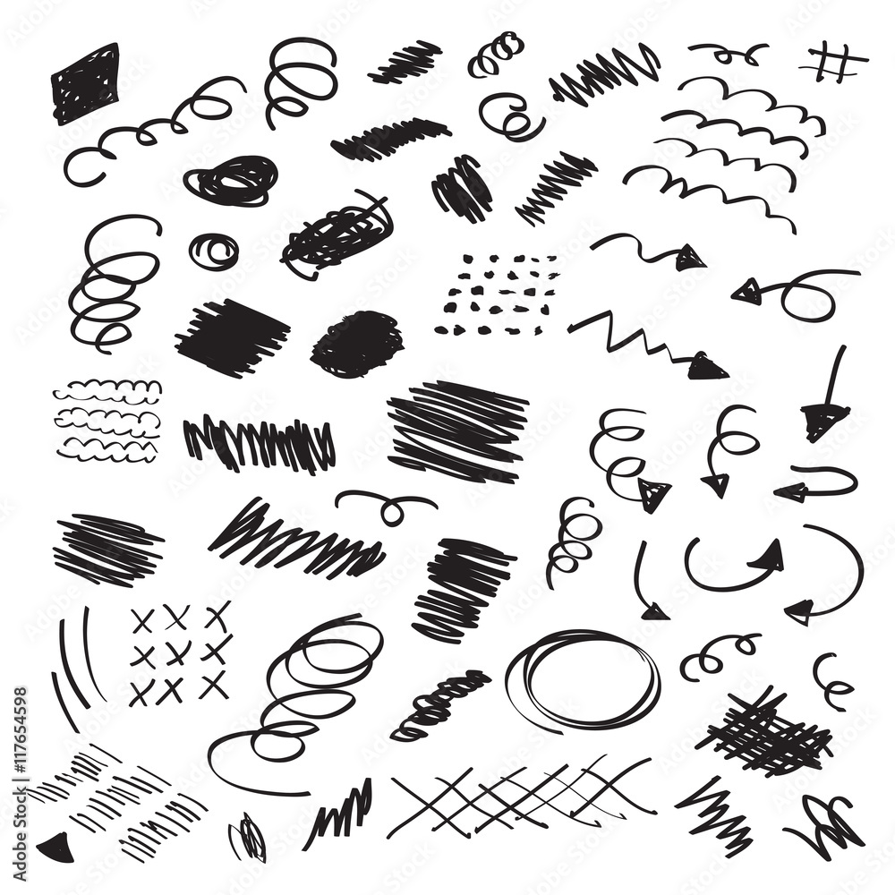 Black ink random hand drawn scribbles set on white background Black ink random hand drawn scribbles set on white background