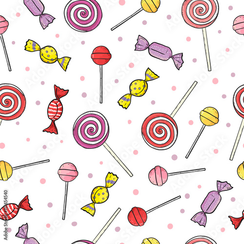 Colorful lollipop and candy seamless pattern. Vector sweets background. 
