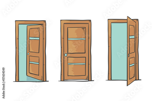 Set of cartoon doors, closed and open, isolated on white. Vector illustration. 
