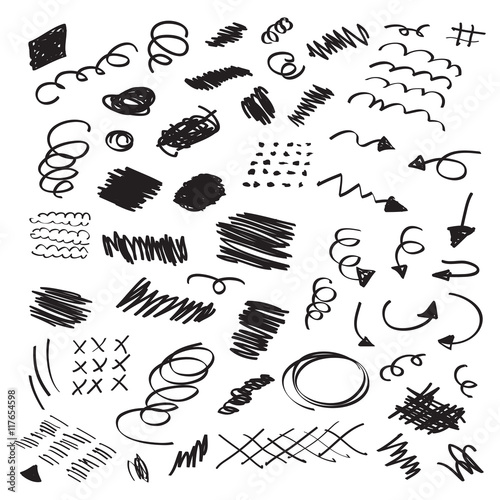 Black ink random hand drawn scribbles set on white background