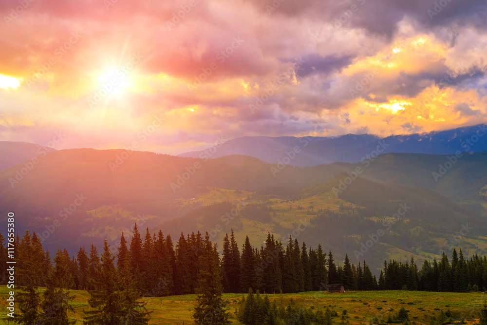 Picturesque Carpathian mountains landscape, scenery of sunset. Ukraine, Europe.