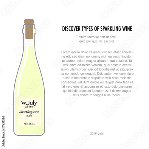 Flat bottle of sparkling wine isolated on white background. Typography poster for wine tasting or information poster for winery or wine shop