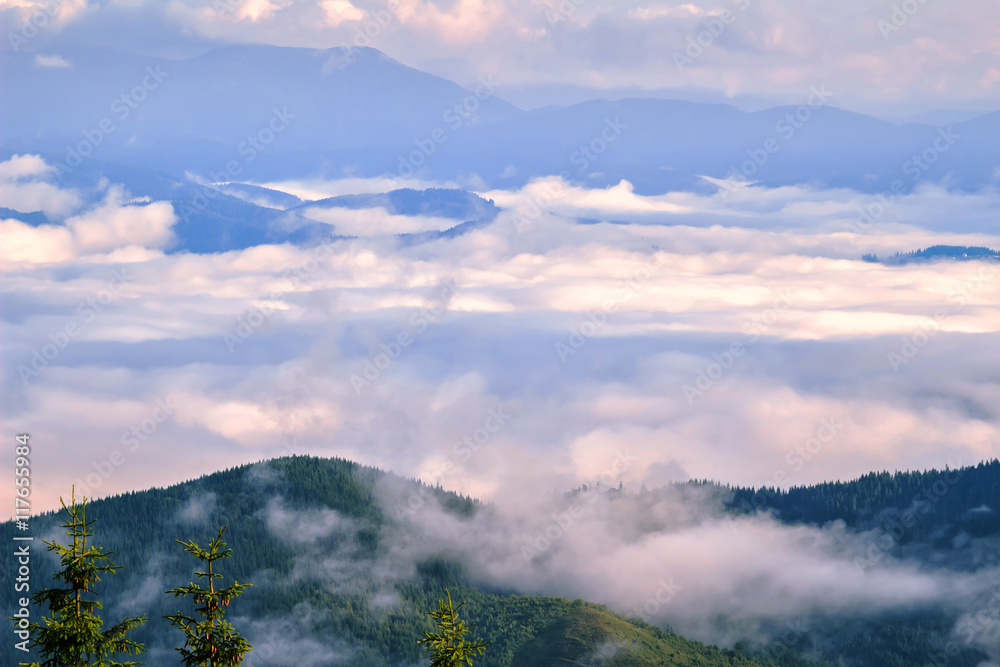 Picturesque morning in mountains above clouds, Carpathians, Ukraine.