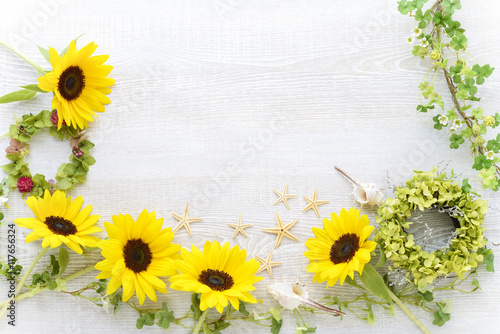 Fototapeta Naklejka Na Ścianę i Meble -  ひまわり　貝殻　フレーム　