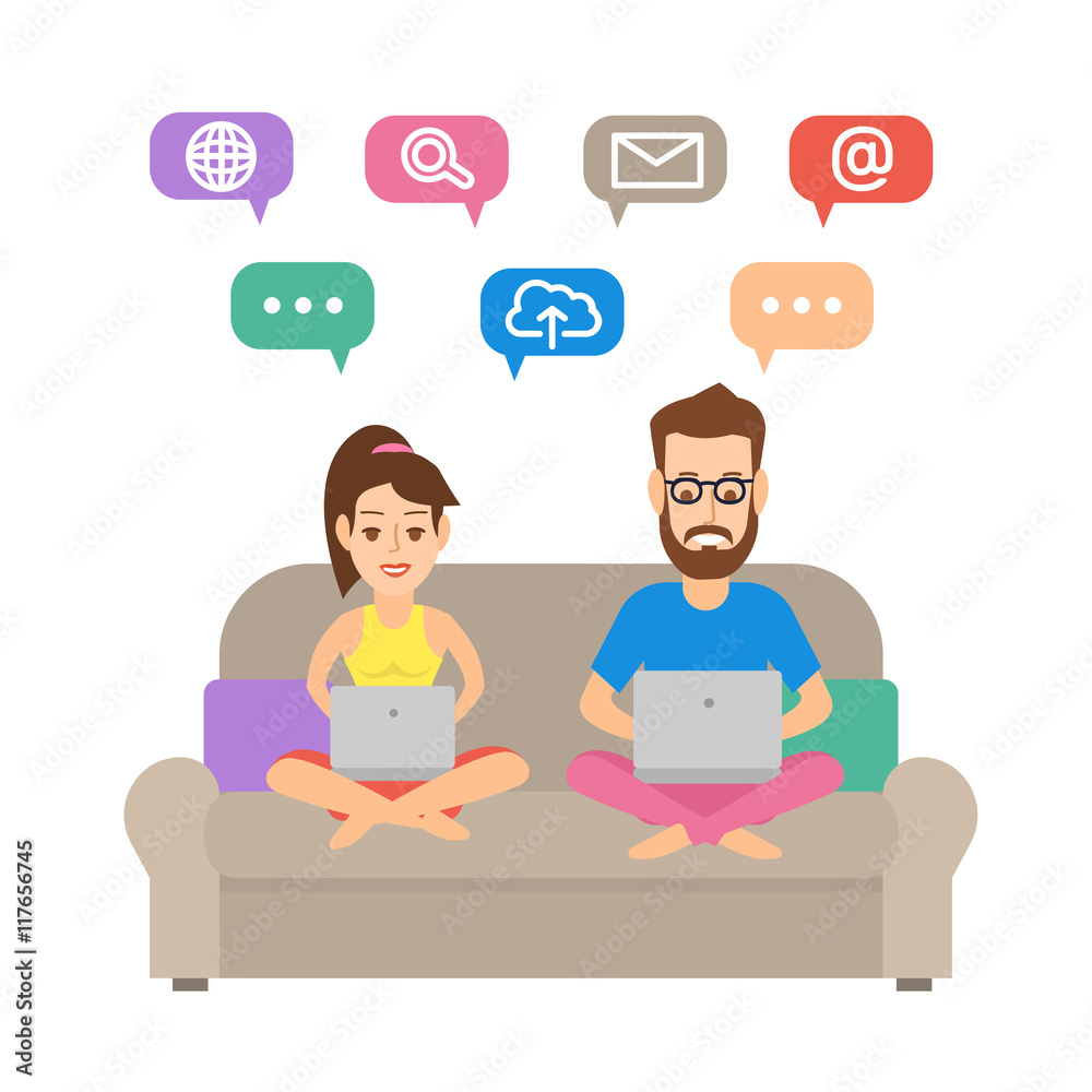 couple man and woman sitting on the sofa in yoga poses with notebooks surfing internet couple man and woman sitting on the sofa in yoga poses with notebooks surfing internet