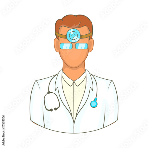 Doctor with stethoscope and reflector frontal of otolaryngologist icon in cartoon style on a white background