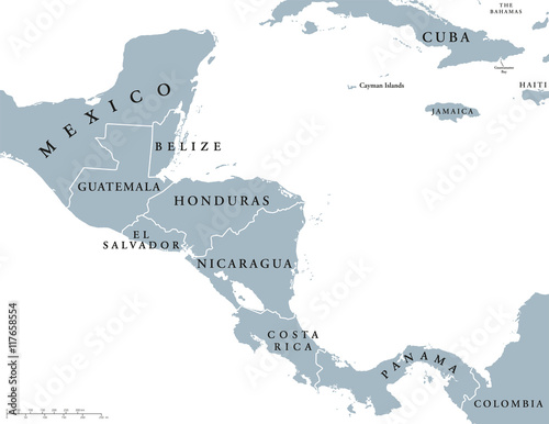 Central America countries political map with national borders, from Mexico to Colombia, connecting North and South America, Caribbean Sea to the east and Pacific Ocean to the west. English labeling. photo