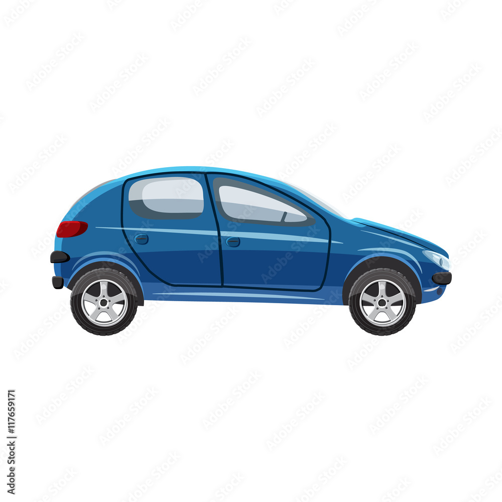 Blue hatchback car icon in cartoon style on a white background