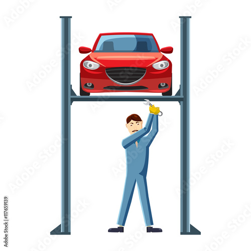 Mechanic repairing a car on a lift icon in cartoon style on a white background