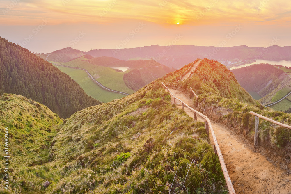 Fototapeta Mountain landscape with hiking trail and view of beautiful lakes, Ponta Delgada, Sao Miguel Island, Azores, Portugal