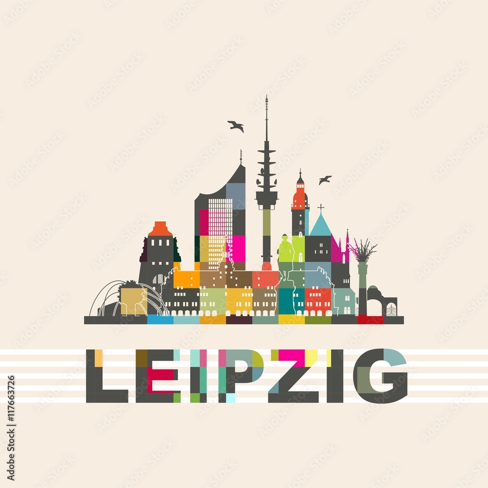 Leipzig Skyline Schattenriss Denkmäler Kultur Sehenwürdigkeiten Wandtatoo bunt detailreich Mosaik Stadtführung Reise Städtereise