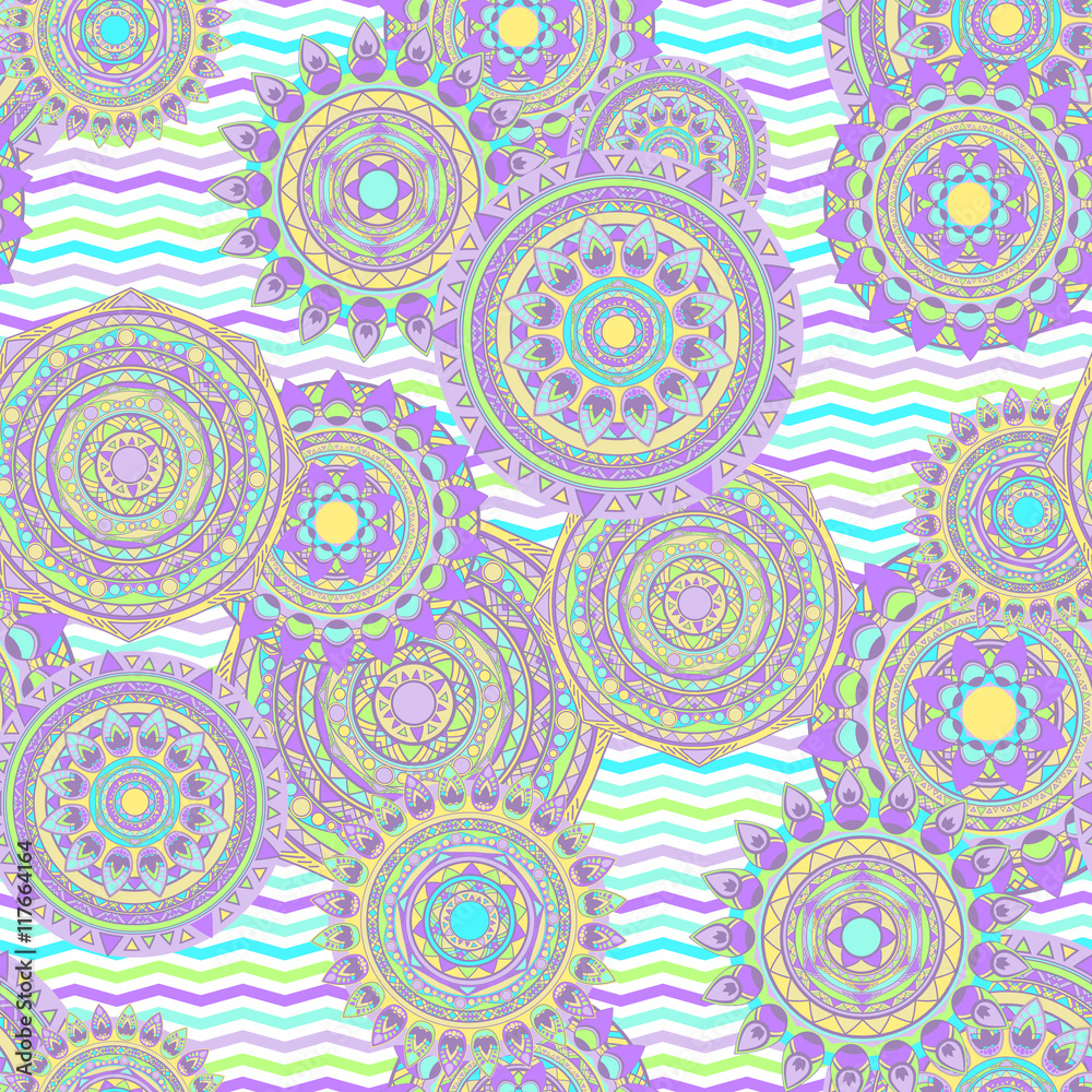 mandala and chevron seamless vector patterns lilac colored