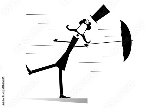 Windy day. Man taken up with the wind lost a top hat and tries to keep an umbrella 
