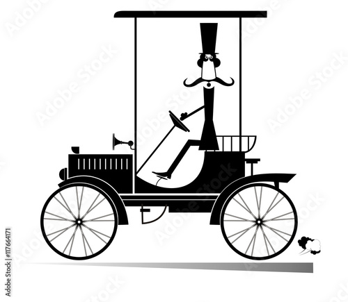Retro car. Smiling man drives a retro car 
