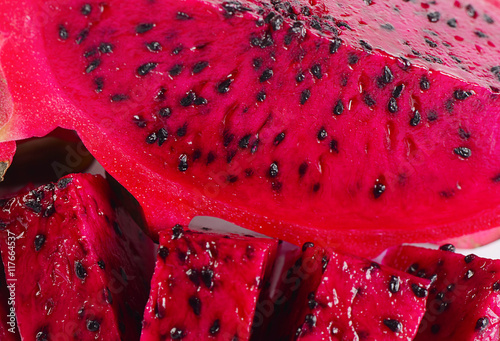 Fresh sliced red dragon fruit closeup