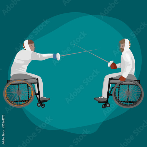 Physically disabled athletes fencing in a wheelchair.