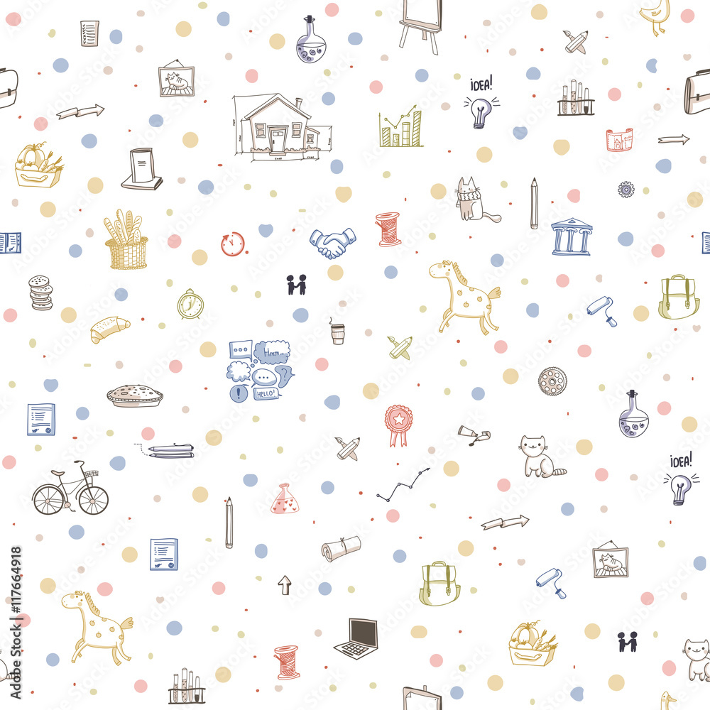 Fototapeta premium Seamless pattern of different social, food, business, animals and community icons