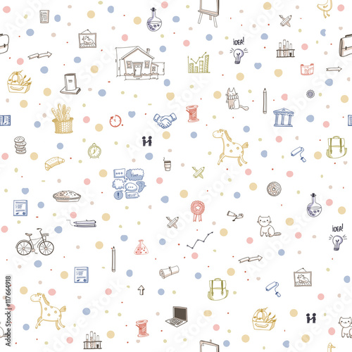 Seamless pattern of different social, food, business, animals and community icons