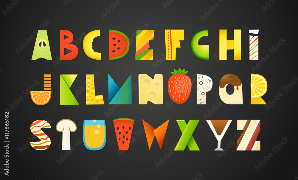 Different food colorful creative Alphabet. Vector illustration