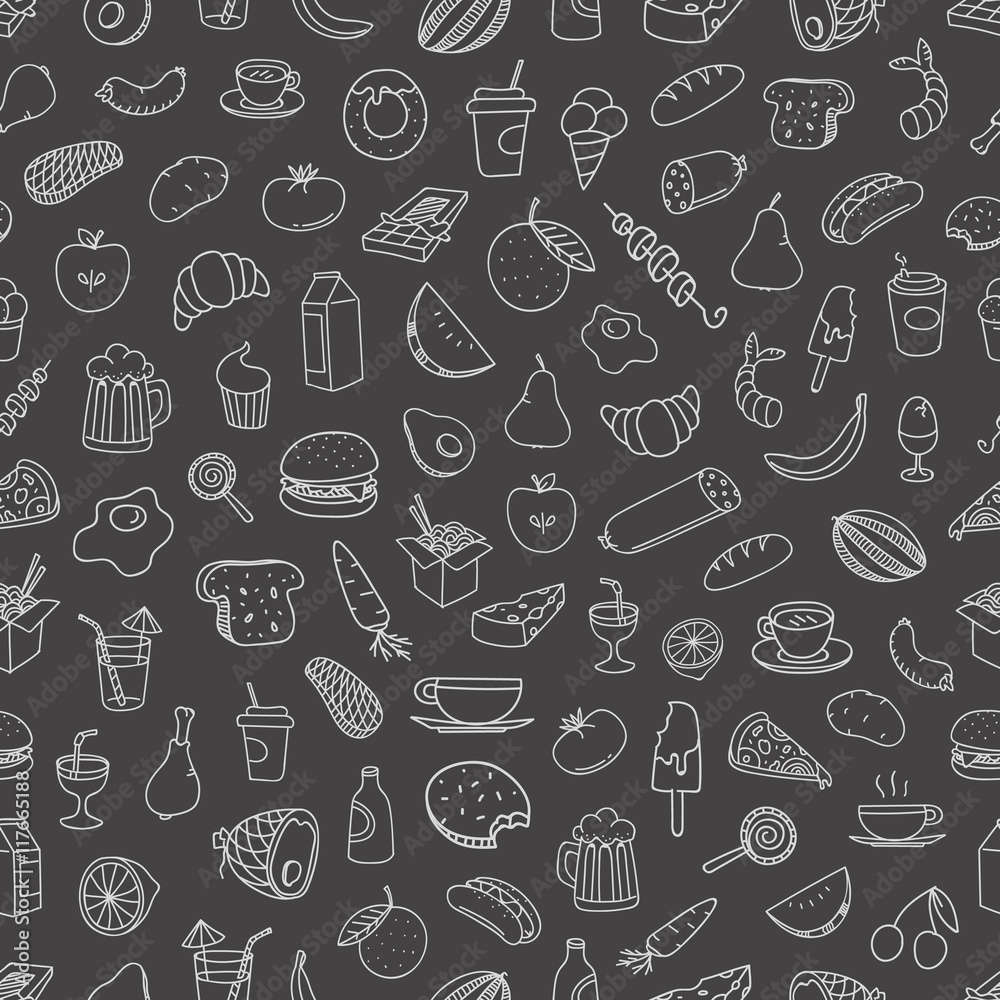 Different food doodles seamless background. Lineart hand-drawn e