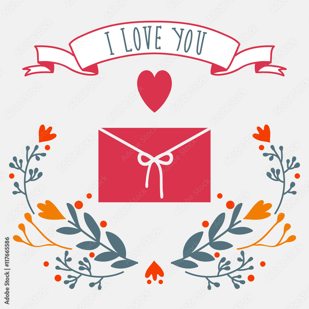 Cute card with love letter and flowers