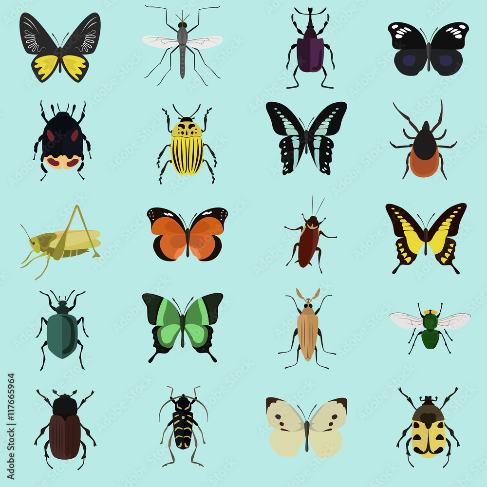 Fototapeta premium Set of twenty color flat insects icons