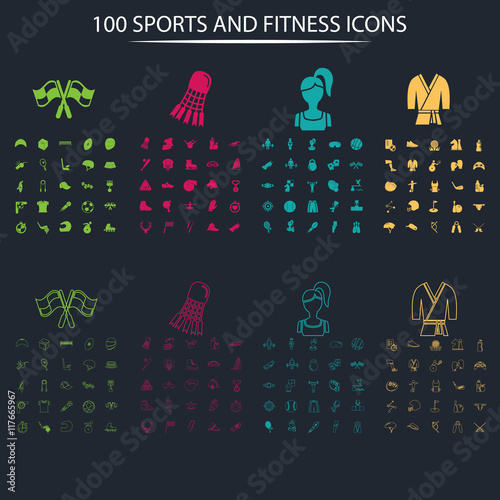 Set of one hundred full and thin sport icons on the background