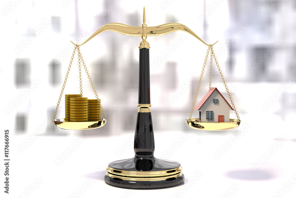 3D rendering of classic scales of justice with stacks of coins a