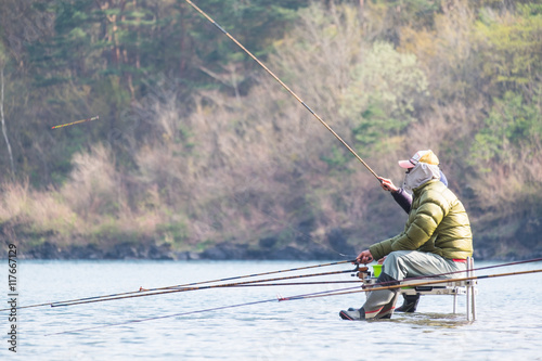 Fisherman were fishing at lake Saiko in Yamanashi, Japan