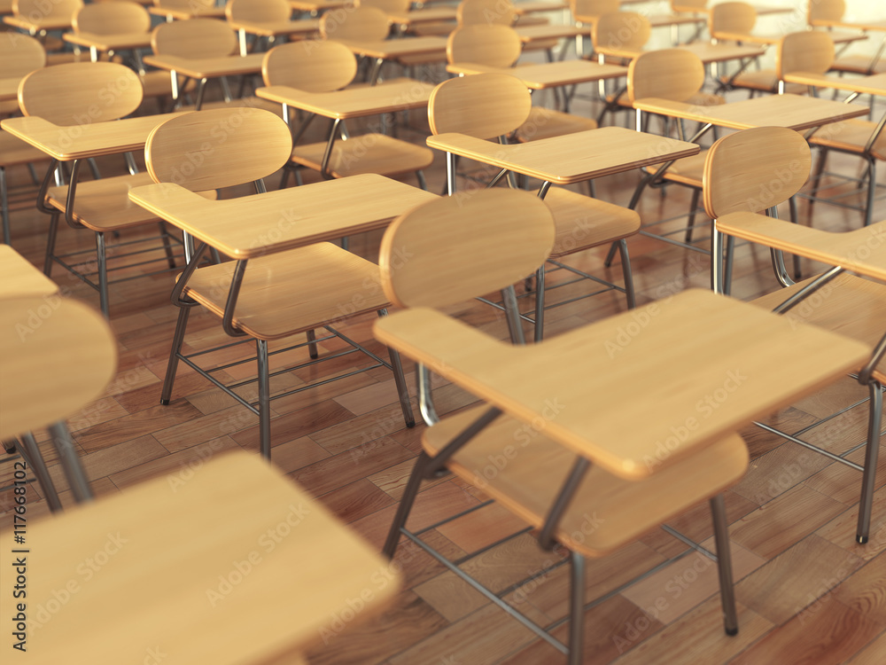 School classroom with empty school chairs and blackboard. Back t School classroom with empty school chairs and blackboard. Back t