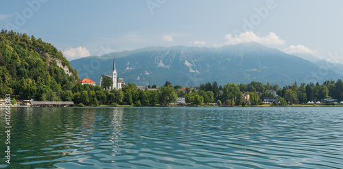 European lake panoram with old church