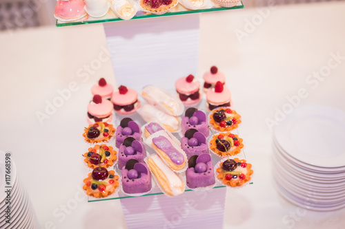 Different kinds of baked sweets on a buffet