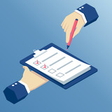 Flat 3d isometric hands holding clipboard with checklist and marker, business isometric illustration