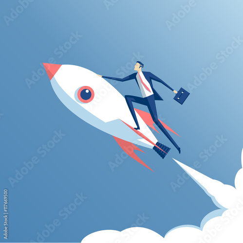 businessman flying on a rocket on blue sky background, business concept startup