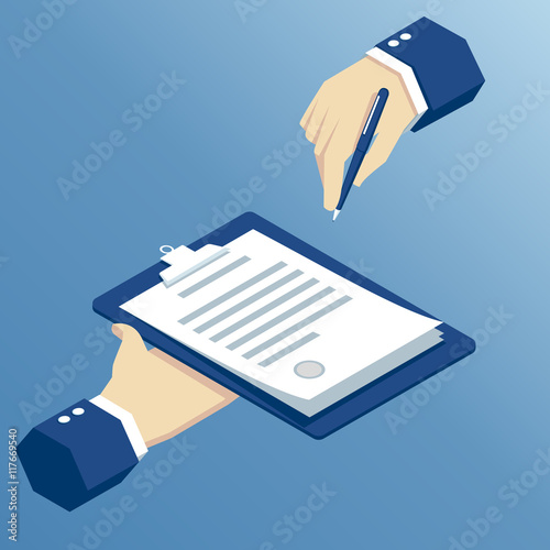 isometric hands sign a contract, signing agreement business concept, isometric hand takes the contract to sign