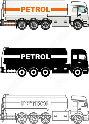 Detailed illustration of classic gasoline trucks isolated on white background in a flat style.