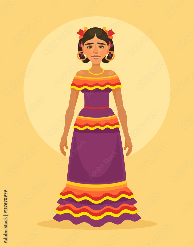 Mexican woman character in traditional dress. Vector flat cartoon illustration