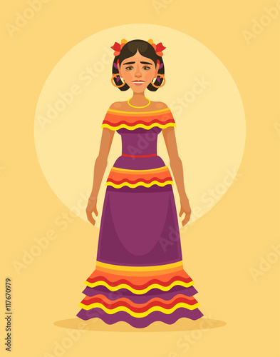 Mexican woman character in traditional dress. Vector flat cartoon illustration