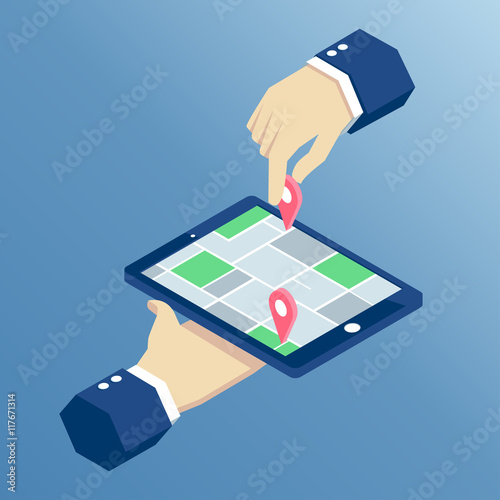concept of mobile navigation on tablet  isometric design, isometric hands holding tablet with mark on the map