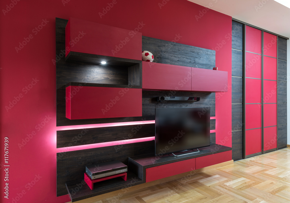 Living room wall with tv and shelves Living room wall with tv and shelves