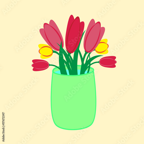 Vector illustration of tulips in vase/Vector illustration of bright  tulips in a green vase